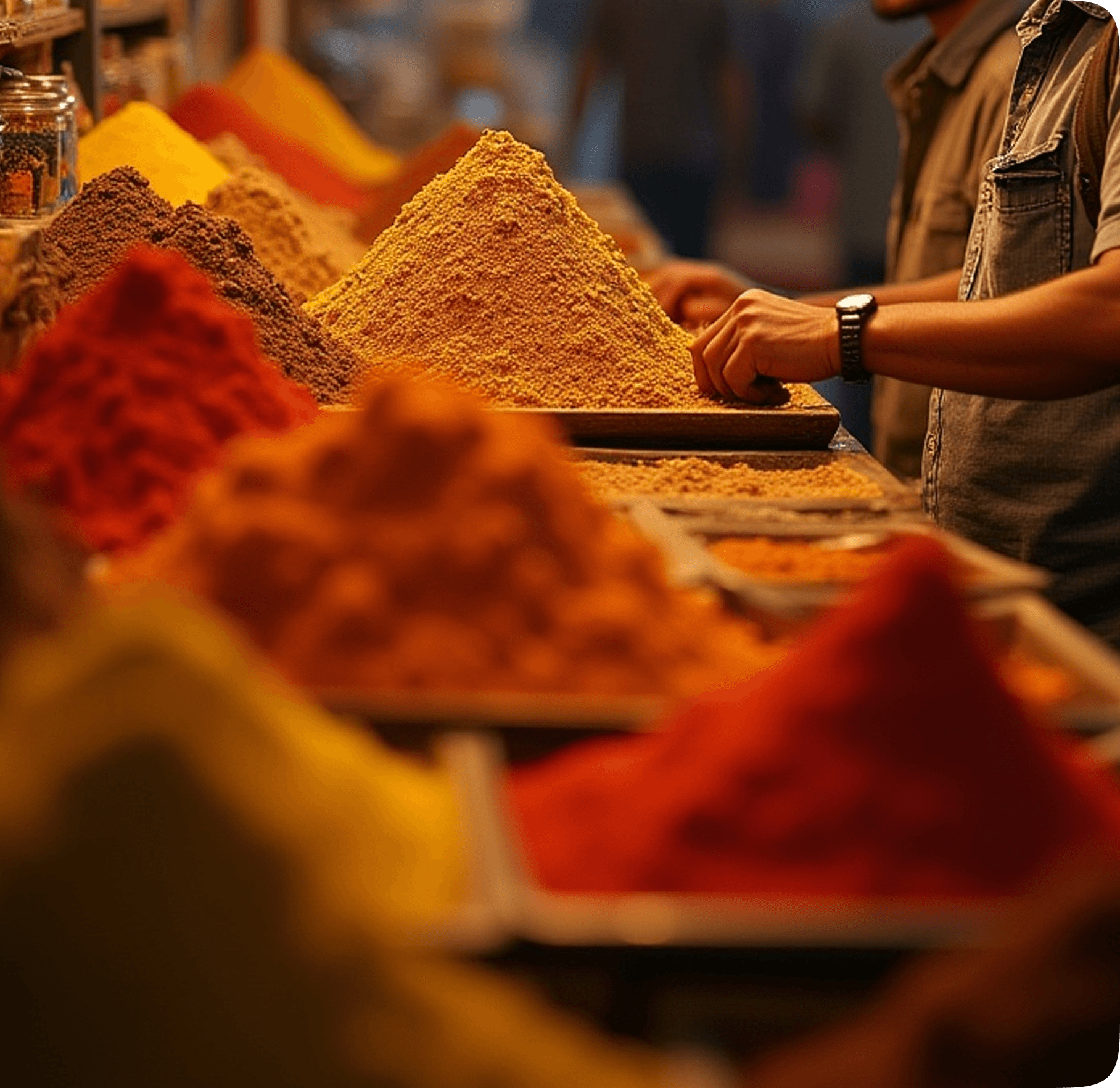 Spice market stall with coloured spice mounds