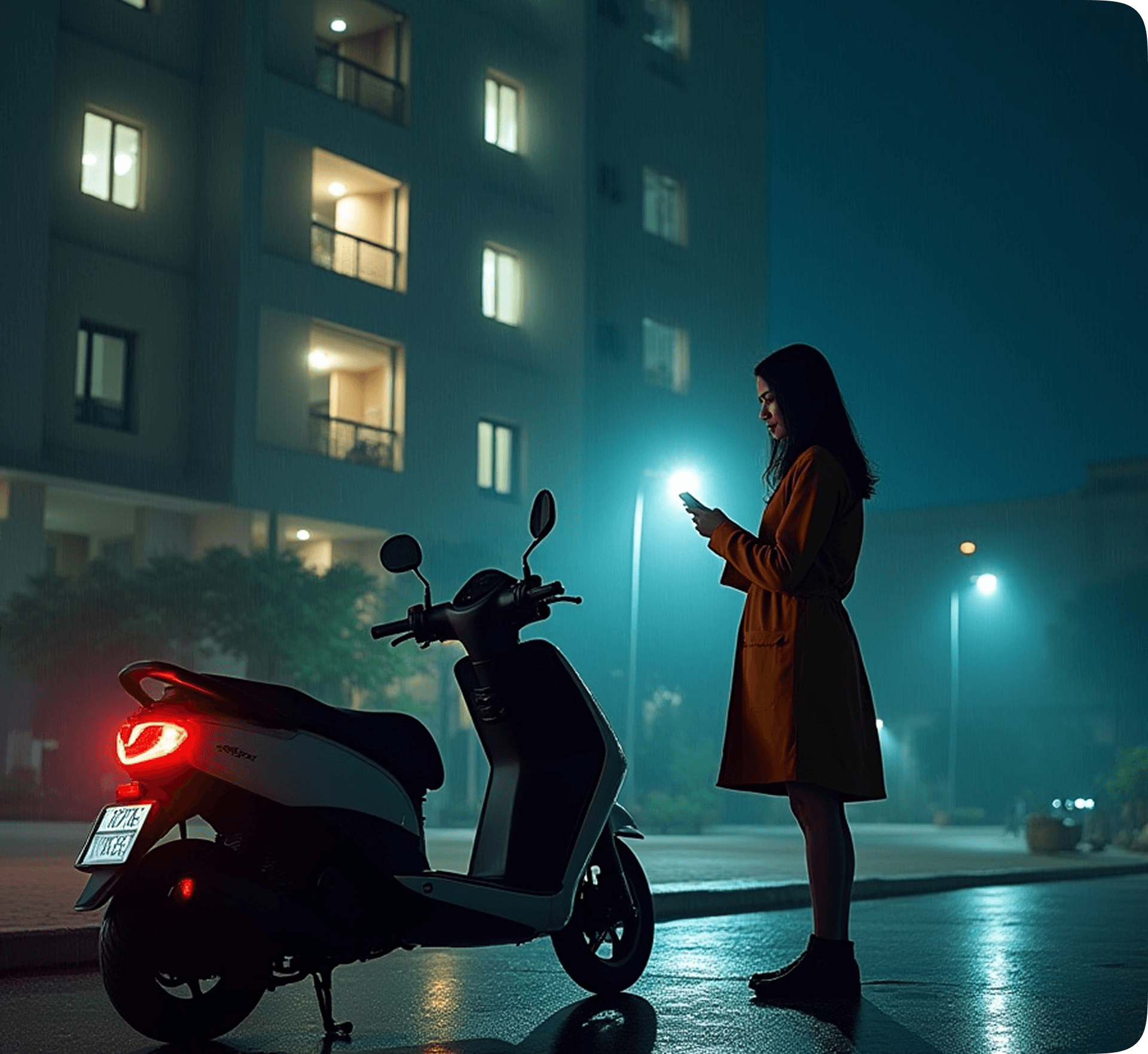 Electric two-wheeler on a city street at night