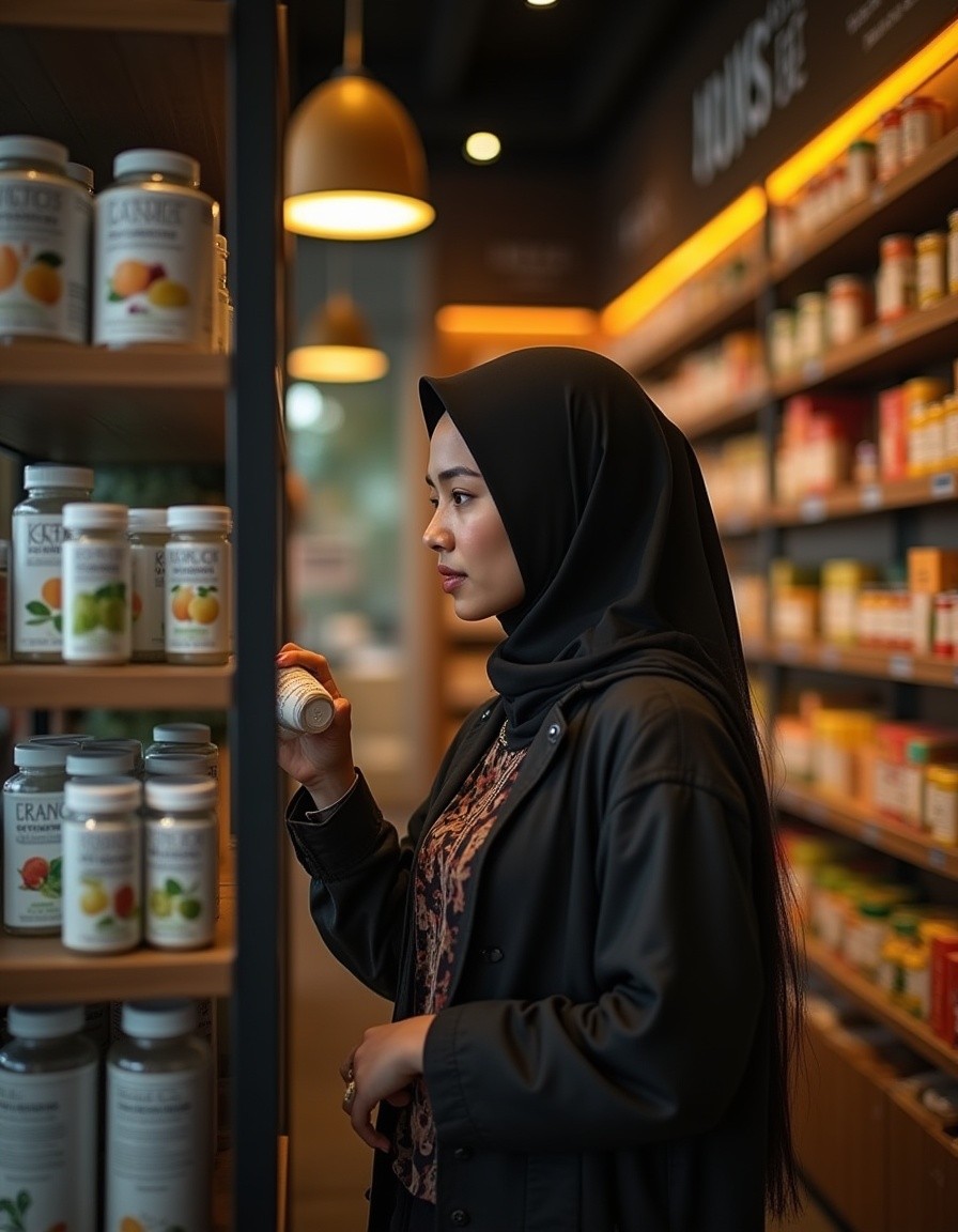 Shopper reviewing supplement bottles in an Indonesian pharmacy aisle
